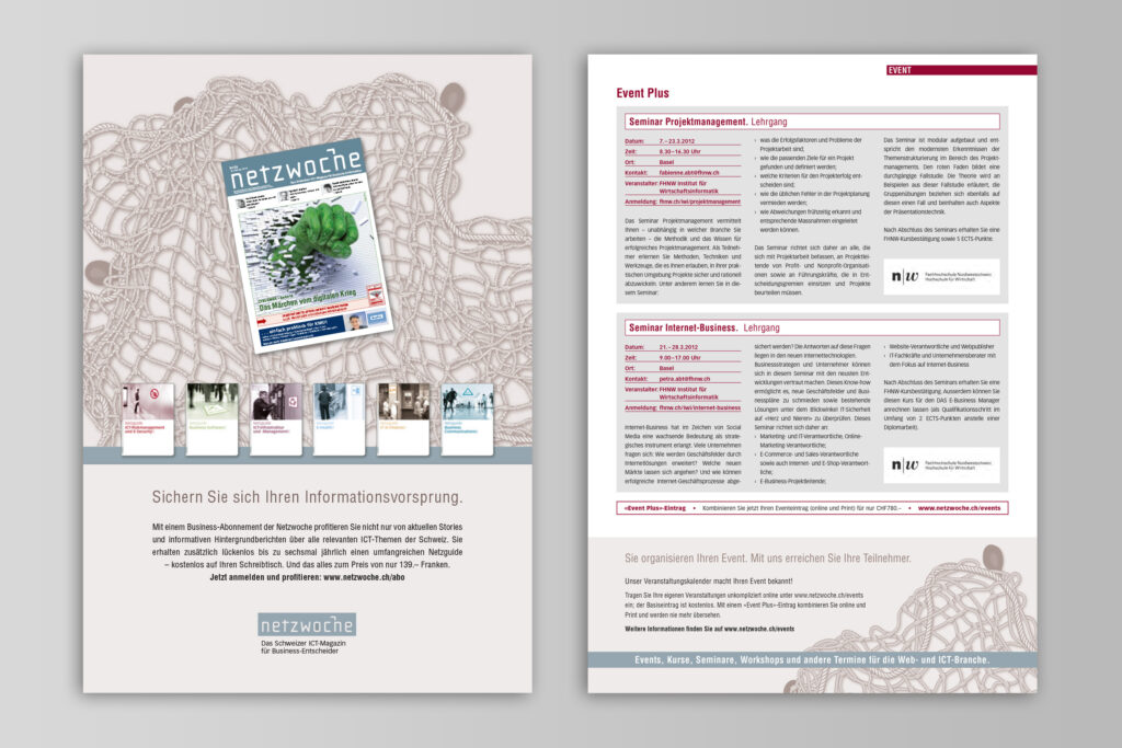 Corporate Design. Inserat-Gestaltung für Netzwoche in verlagseigenen Publikationen.
