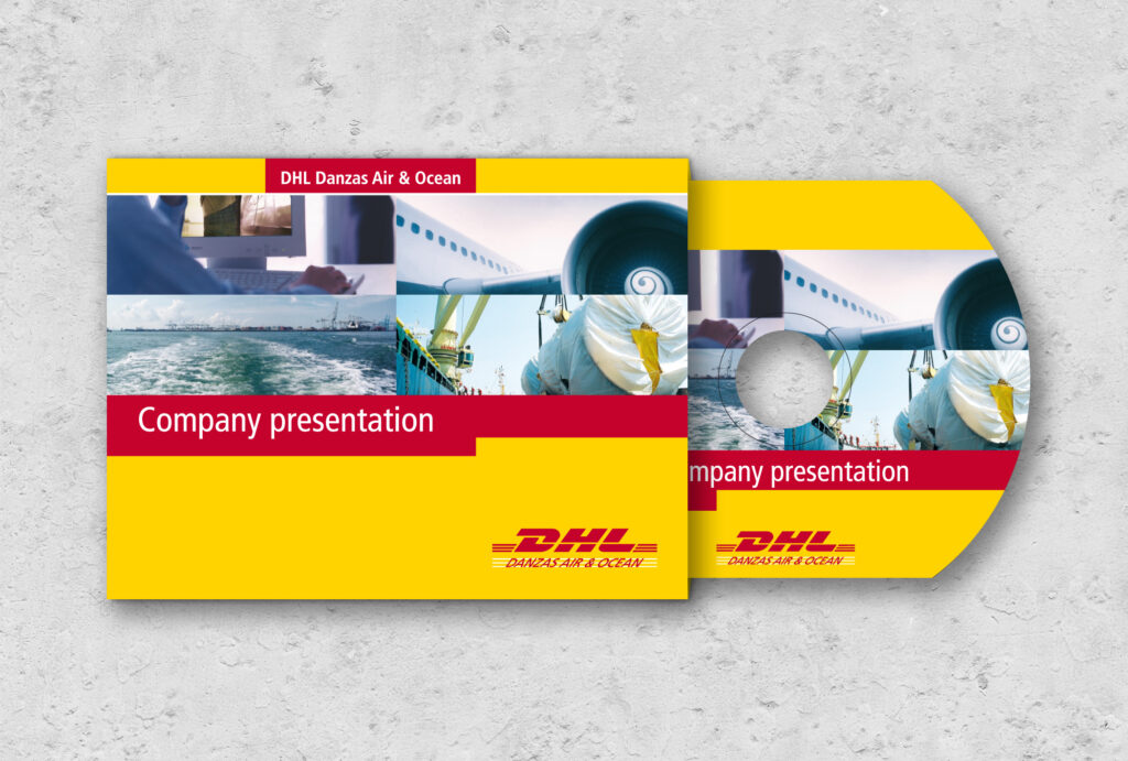 Gestaltung von Case, CD und PowerPoint-Folien der DHL Firmenpräsentation für Kunden nach CI-Richtlinien.