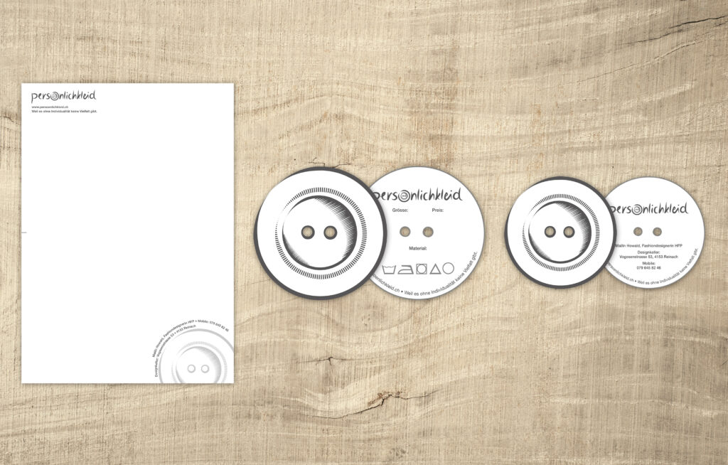 Corporate Design der Schneiderei Persönlichkleid. Logo,  Geschäftsbrief, Hangtags für Kleidung, Visitenkarten.